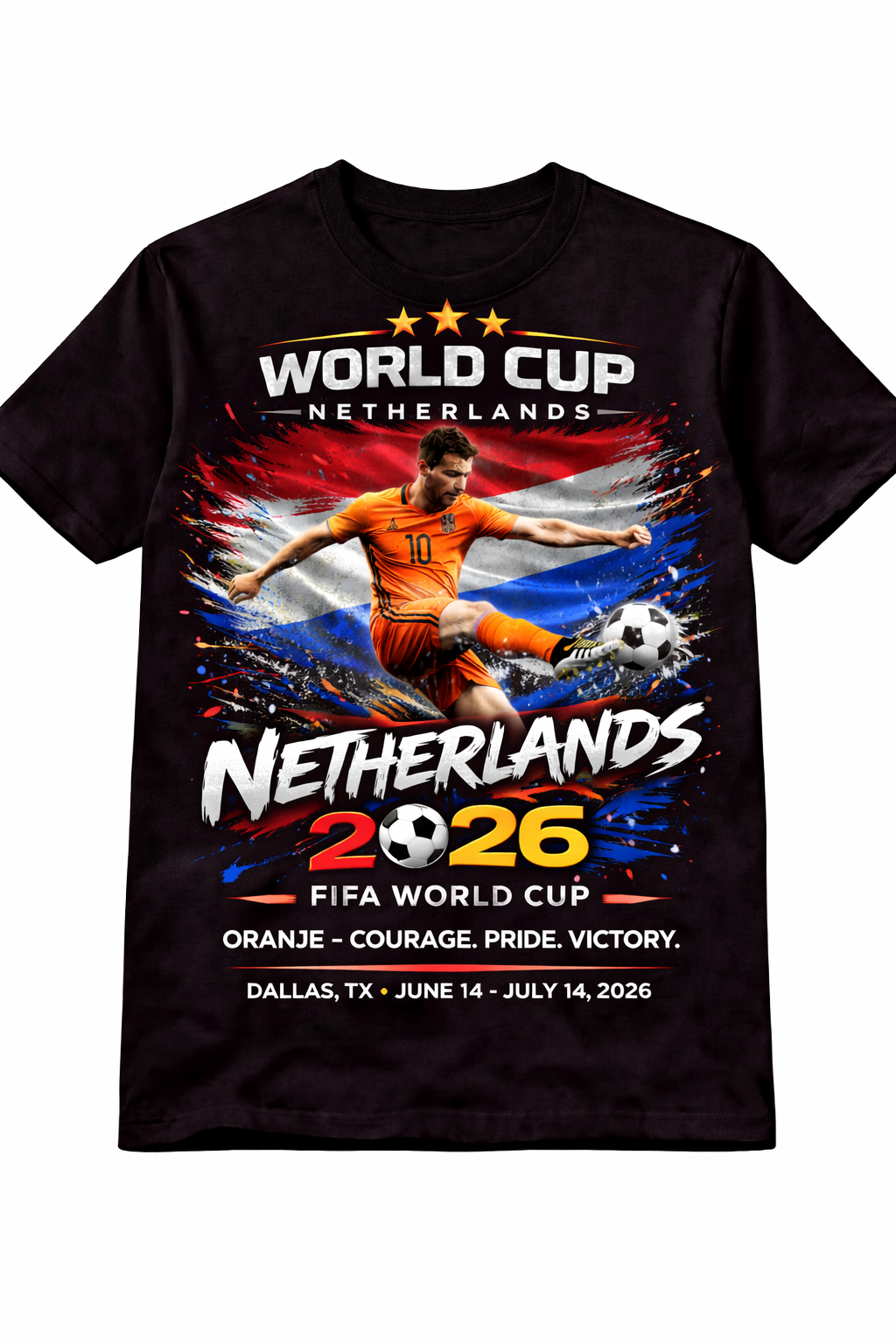 Black t-shirt with Netherlands 2026 World Cup graphics and a soccer player.